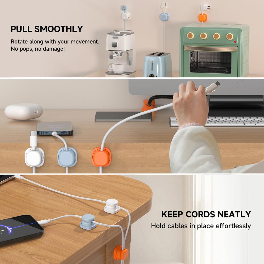 Kruggo Magnetic Cable Clips Rotatable, Under Desk Cable Management, Strong Magnetic Cable Clips Cord Holder for Nightstand Home Office Desk Phone Car Wall (3, Black)