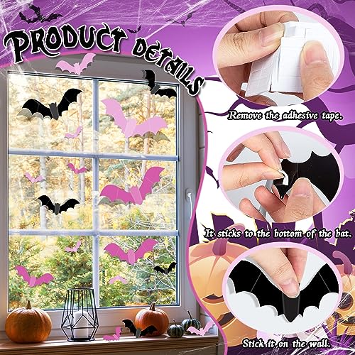 Pink Halloween Bat Wall Decor - 48pcs Waterproof Pastel Bats for Indoor Outdoor Halloween Party