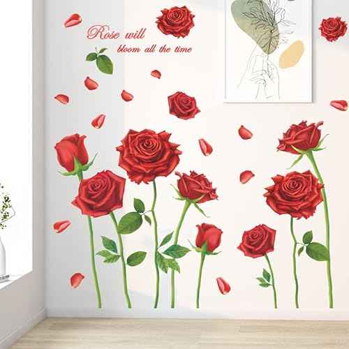 Rose Wall Decal Red Flower Wall Stickers Romantic Floral Removable Vinyl Wall Murals for Living Room Girls Bedroom TV Sofa Background Wall Art Decors