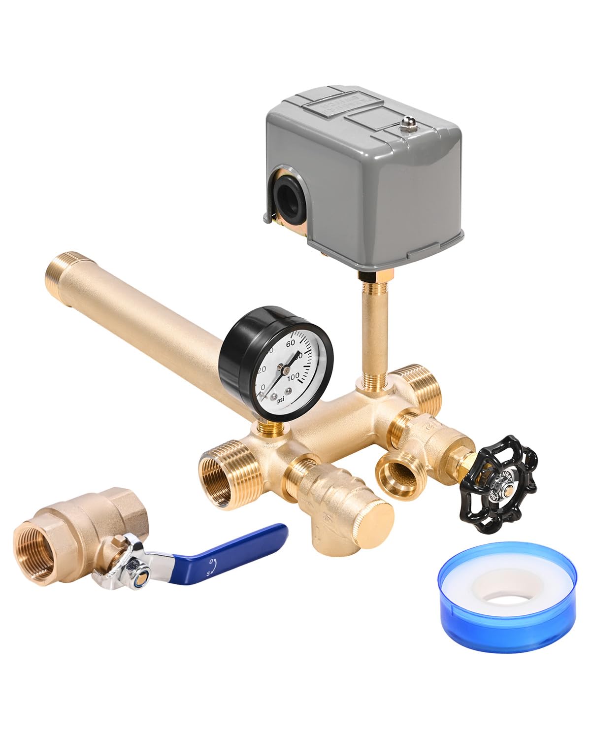 VEVOR 1" x 11" Well Pressure Tank Tee Kit, with 30/50PSI Switch, 8-Pieces Pure Brass Pressure Tank Installation Kit for Water Well, 1 in Gate Valve Included, Fit Most tanks with Diameter up to 16 in
