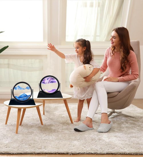 Oneshow Moving Sand Art Picture Flowing Sand Painting 3D Deep Sea Sandscape Liquid Motion Display 360° Rotation Round Glass Frame Relaxing Desktop Home Office Decor for Adult Desk Art (Purple)