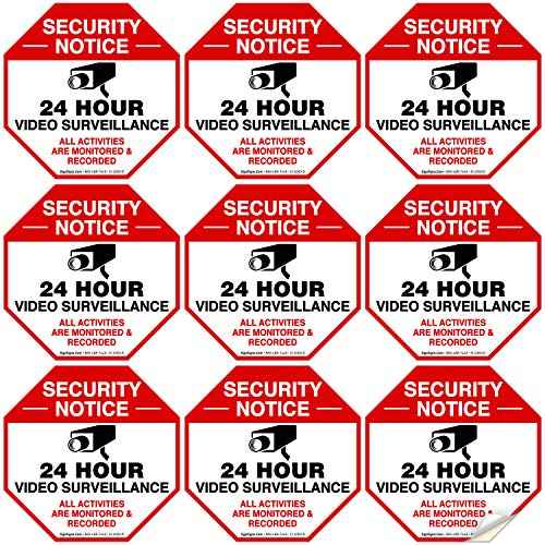 Video Surveillance Sticker, (9 Pack) 3x3 Inches, 4 Mil Vinyl Decal Stickers UV Protected, Long Lasting, Fade Resistant, Indoor/Outdoor Use, Made in USA