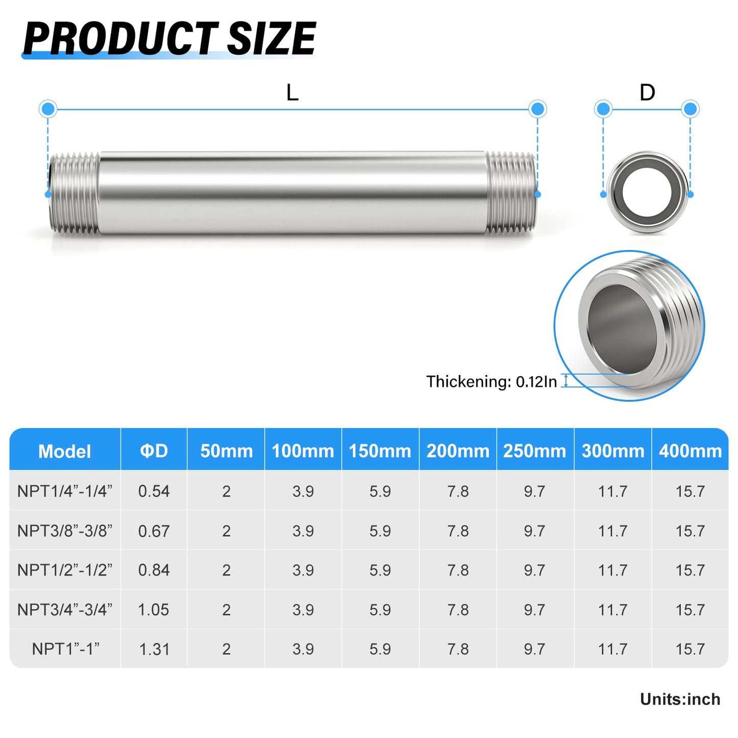 TAILONZ PNEUMATIC 1/2" NPT Male x 1/2" NPT Male 304 Stainless Steel Pipe Nipple, 12" Length Thickened Cast Pipe Fitting, Threaded Connector（Pack of 3）