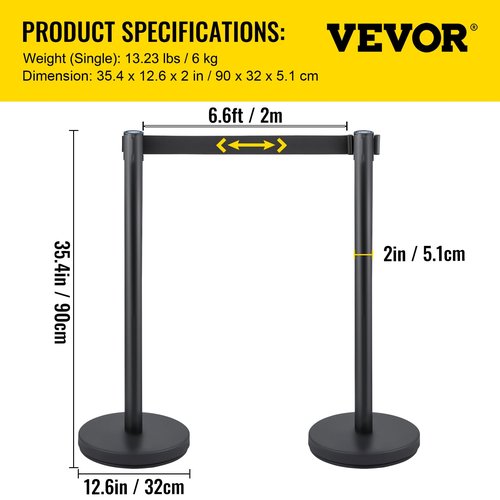 VEVOR Crowd Control Stanchion Set, Stanchion Set with 6.6 ft/2 m Black Retractable Belt, Black Crowd Control Barrier w/Concrete and Solid Metal Base - Easy Connect Assembly (6)