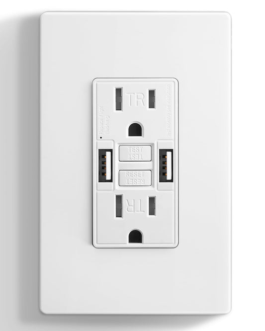 SURAIELEC 15 Amp GFCI Outlet with Dual USB-A Ports, Self-Test GFCI Electrical Outlet Combination with USB-A, Tamper-Resistant GFCI Outlet, Screwless Wall Plate Included, ETL Listed, White,1-Pack
