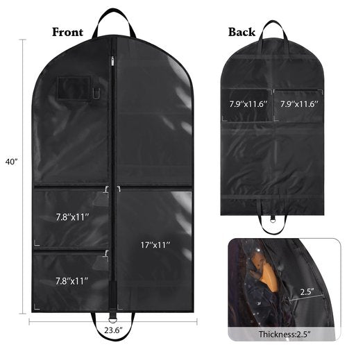 Univivi Dance Costume Garment Bag, 40" Waterproof Hanging Bag for Travel, Kids Clothes Bag With 5 Clear Pockets and Handles for Costumes and Sports, Black