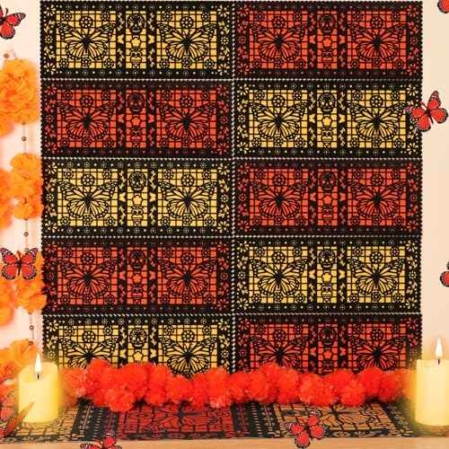 Epakh 12 Pcs Felt Picado Panels, Mexican Dia De Los Muertos Ofrenda Wall Decoration, Monarch Butterfly Sugar Skull Mexican Dia De Los Muertos Altar Backdrop Decorations for Diwali Altar Grave