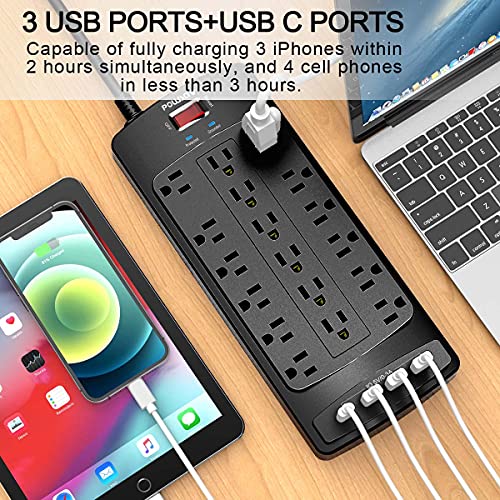 POWSAV Black 6ft Surge Protector Power Strip with 18 Outlets & 4 USB Ports