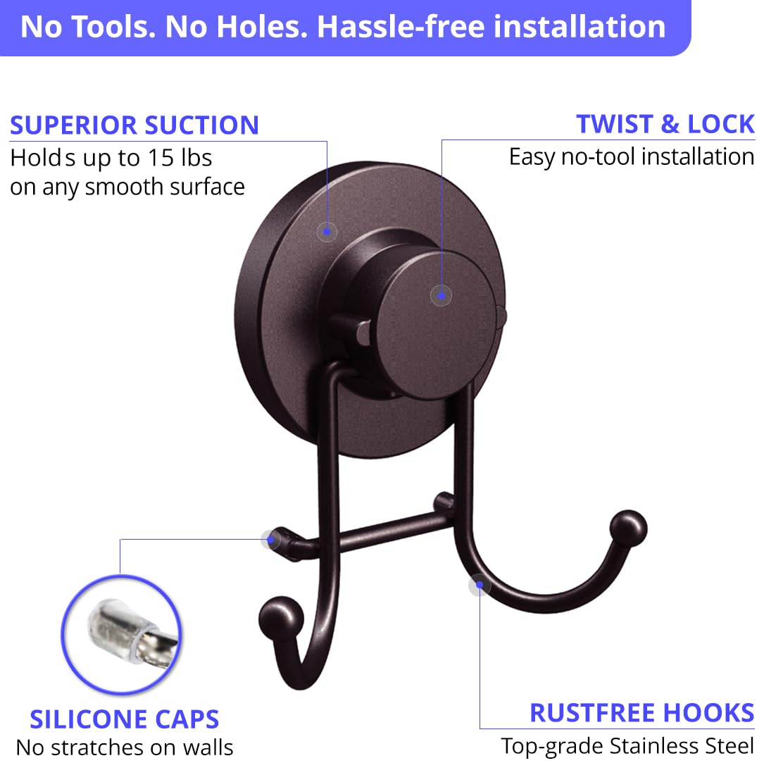 HOME SO Suction Cup Hooks for Shower & Bathroom Towel Holder 2-Pack – Suction Cups Hooks for Hanging Towels, Robes, & Coats - Tiles, Glass Door or Mirror – Shower and Towel Hooks - Bronze, Stainless