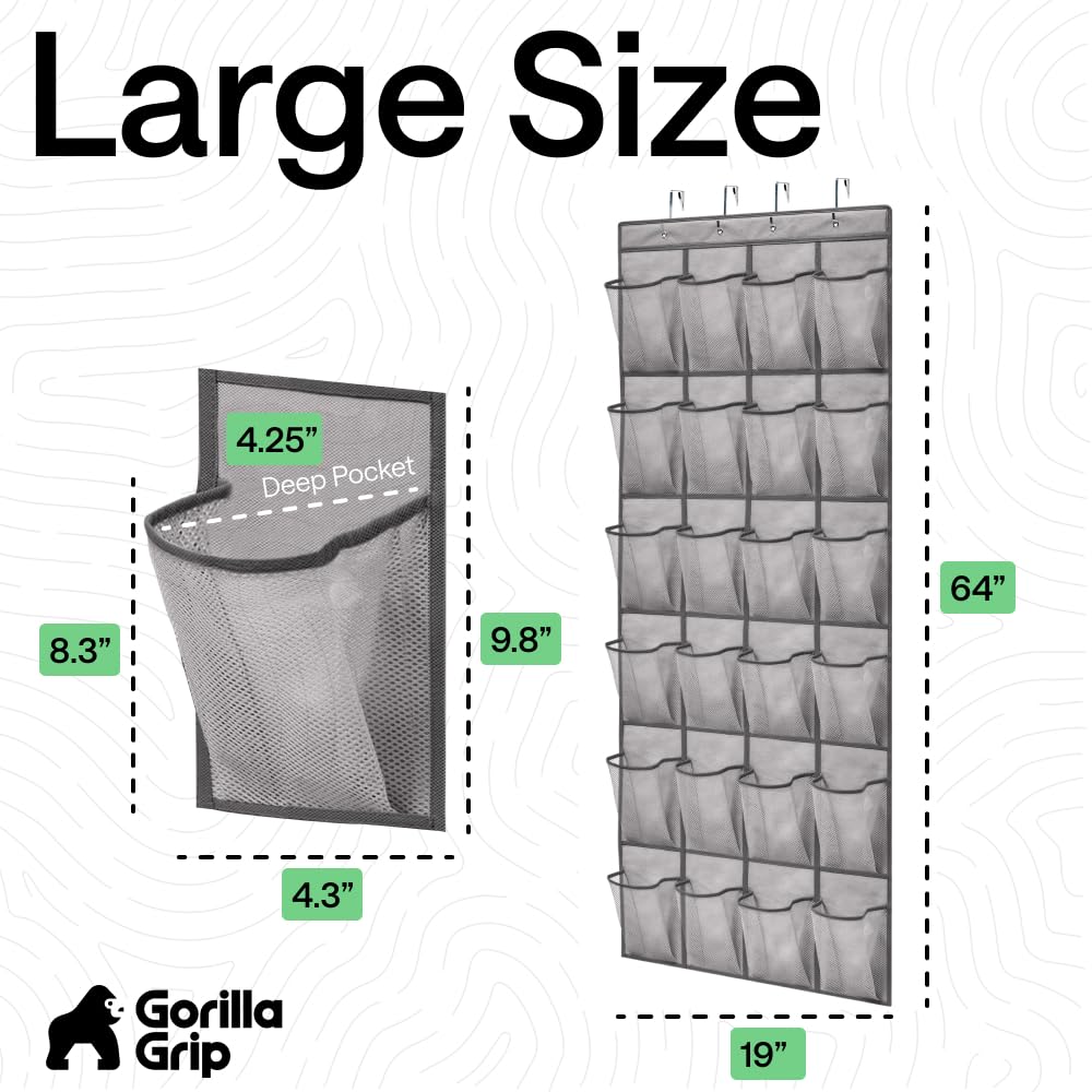 GORILLA GRIP Over the Door Shoe Organizer, 24 Large Breathable Mesh Pockets, Space Saving Hanging Storage Holder, Closet Rack Hanger Holds Up to 40 lbs, Hangs on Closets for Shoes, Accessories, Grey