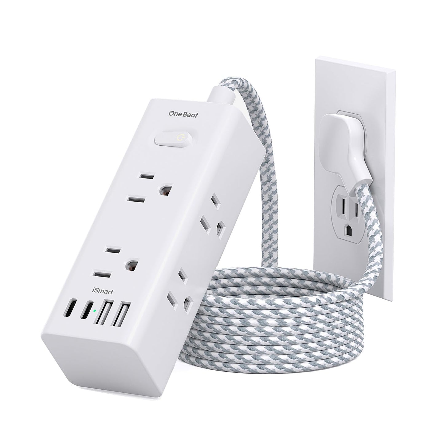 Flat Plug Extension Cord 5Ft, One Beat 5 Feet Surge Protector Power Strip with 6 Widely Outlets 4 USB Ports (2 USB C), 3 Way Wall Outlet Extender Extension Cord for Home Office College Dorm Room