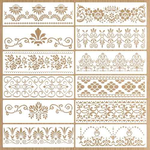 12 PCS Retro Border Stencils for Painting Plastic Reusable Stencils for Crafts Wood Furniture Wall Table Chair Cabinet Canvas Floor and Other DIY Crafts