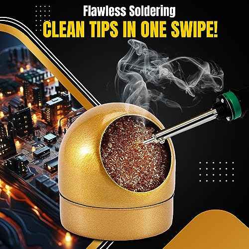Flexzion Solder Cleaner with Brass Wool Soldering Wire Sponge and Gold, Dome-shaped, Non-Slip Solder Sponge Tray Housing, Soldering Iron Tip Cleaner, No Water Needed