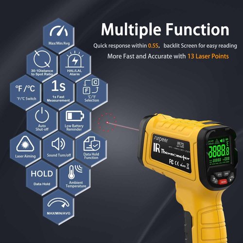 Surpeer Infrared Thermometer High Temperature Gun -58℉~2732℉, 50:1 Distance Ratio, Digital Laser IR Temp Gun for Cooking, Pizza Oven, Engine, Kilns, Forges, Industry, and Home Repair.