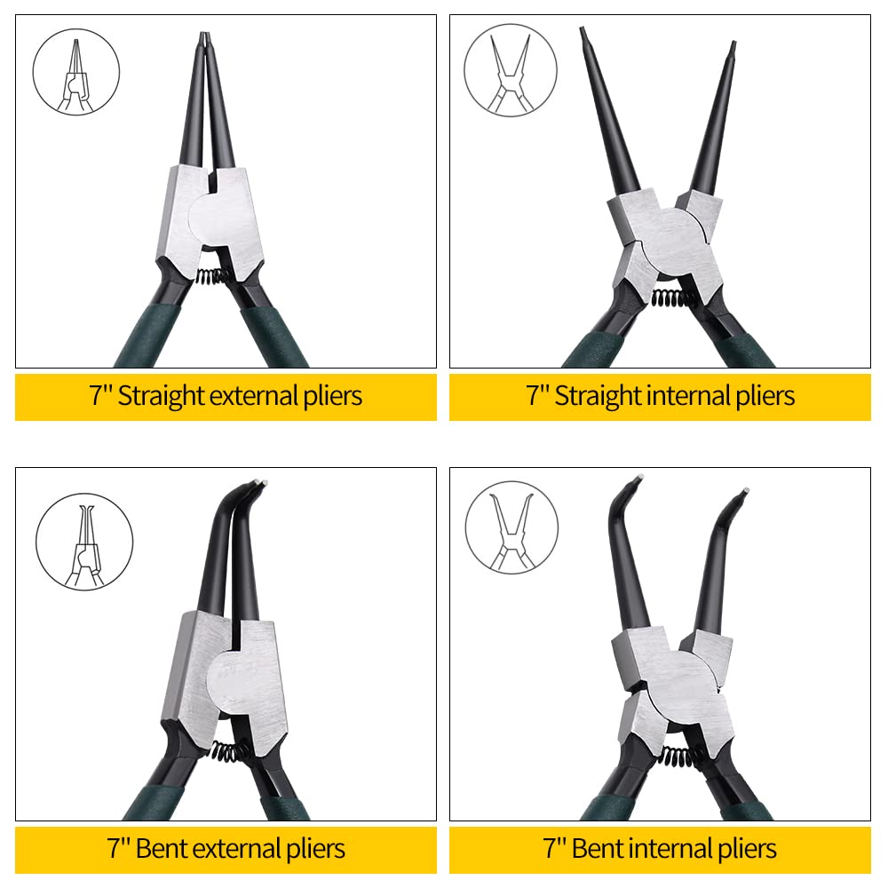 LFSEMINI Snap Ring Pliers Set, 4pcs 7" Internal/External Circlip Pliers Kit with Straight/Bent Jaw, Heavy Duty Precision Spring Loaded Pliers for Ring Remover Retaining and Remove Hoses, Gaskets