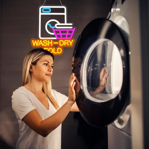 GLEAMYNHD Wash Dry Fold Neon Sign LED Light Up Wall Decor for Laundry Room Home & Laundromat - USB Powered 12x14 Inch Hanging Decorative Lights Gift Idea