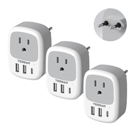 TESSAN European Travel Plug Adapter, 3 Pack US to Europe Plug Adapter with 3 USB Ports (1 USB C), Type C Power Adaptor for EU International Italy Spain France Greece Iceland Germany