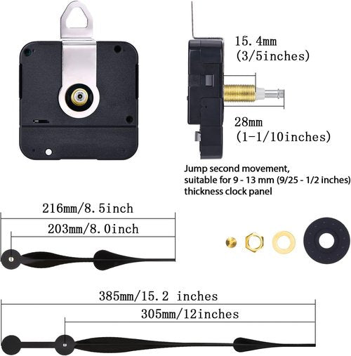 High Torque Quartz Clock Movement Kit - 12" Spade Hands, Easy DIY Wall Clock Assembly, Perfect for Clock Repair & Custom Projects (Black)