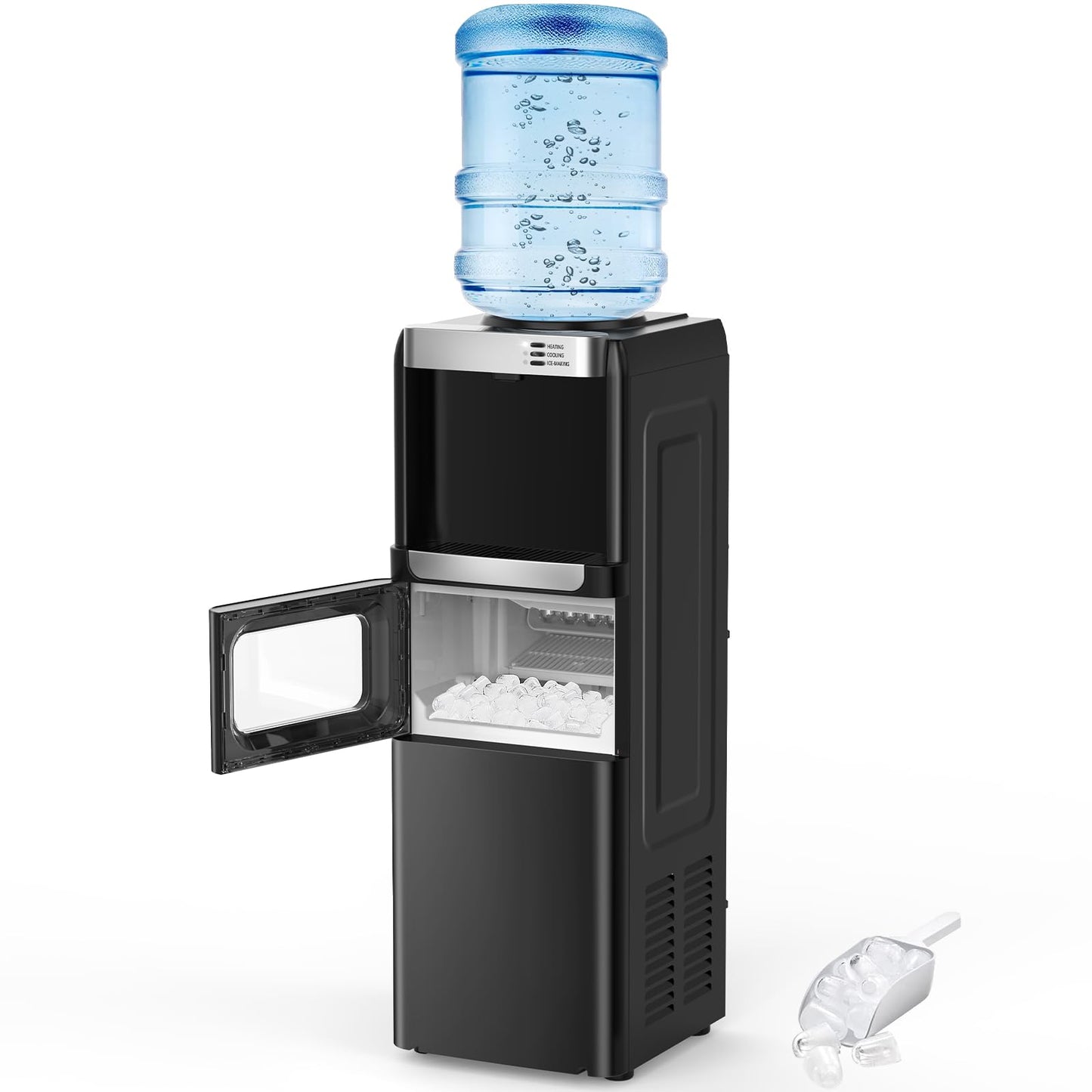 Antarctic Star 3-in-1 Water Cooler Dispenser with Built-in Ice Maker, Hot & Cold Top Loading, Water Dispenser for 5 Gallon Bottle, 33LBS/24H Ice Maker with Child Safety Lock, Black