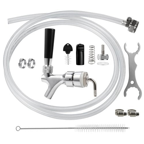 MRbrew Beer Line Shank Faucet Kit, Stainless Core Self-Closing Beer Tap with 3/16'' liquid hose & 1/4" Barb, Kegerator Tower Replacement Set for Draft Beer Dispenser - Include Tap Wrench & Hose Clamps