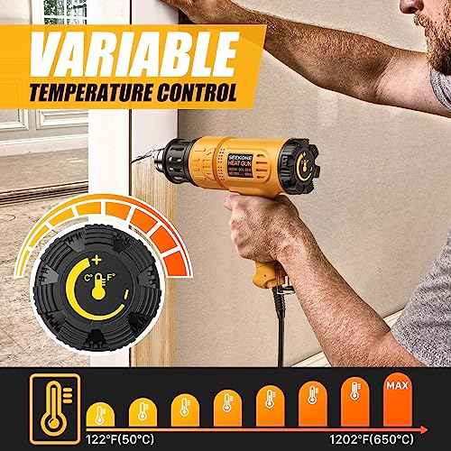 SEEKONE Heat Gun 1800W Hot Air Gun Variable Temperature Control for 2-Temp Settings 122¢µ~1202¢µ£¨50¡É- 650¡ɣ© with 4 Nozzels for Crafts, Vinyl Wrap, Shrink Tubing