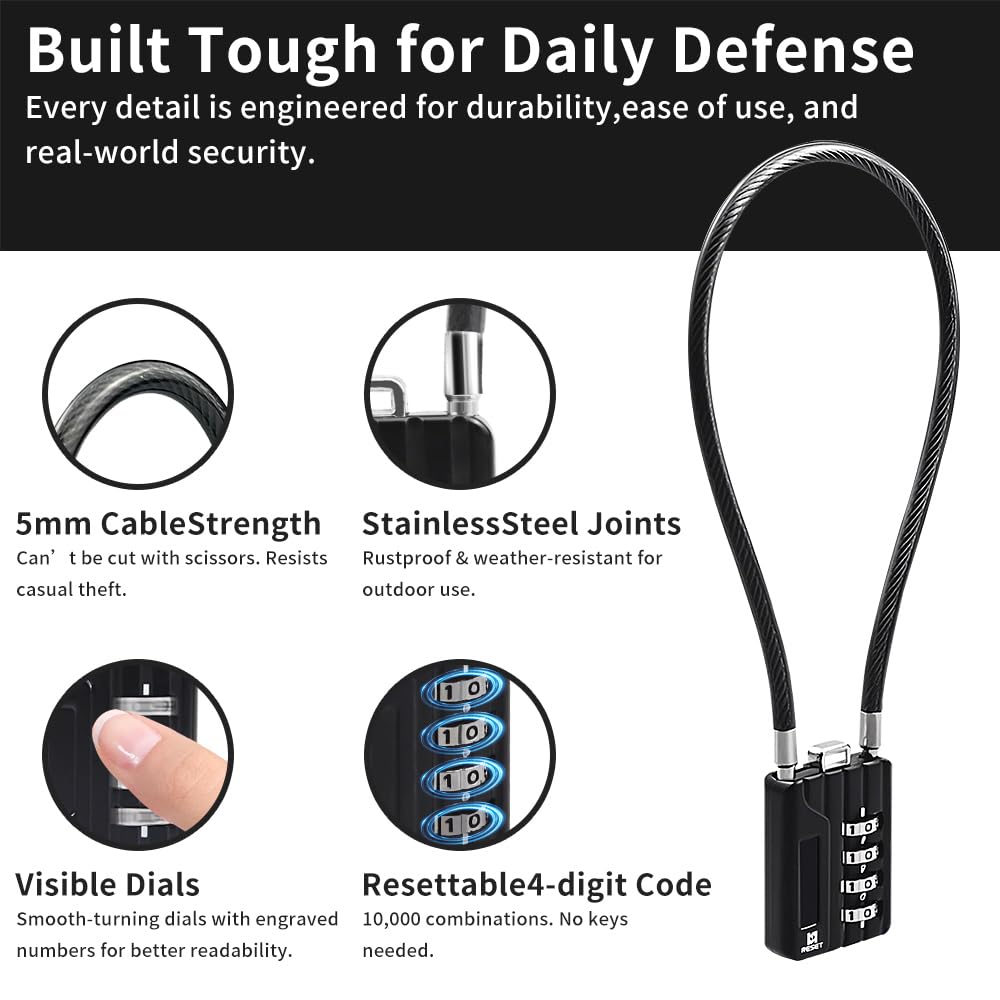 RESET-201 (2 Pack) 4 Digit Combination Padlock with 12 inch (30cm) Steel Cable,Cable Lock for Trash Can, Locker, Gym Locker, Luggage, Suitcase, Gun Case, Trigger,Helmet, 5mm Diameter, Black