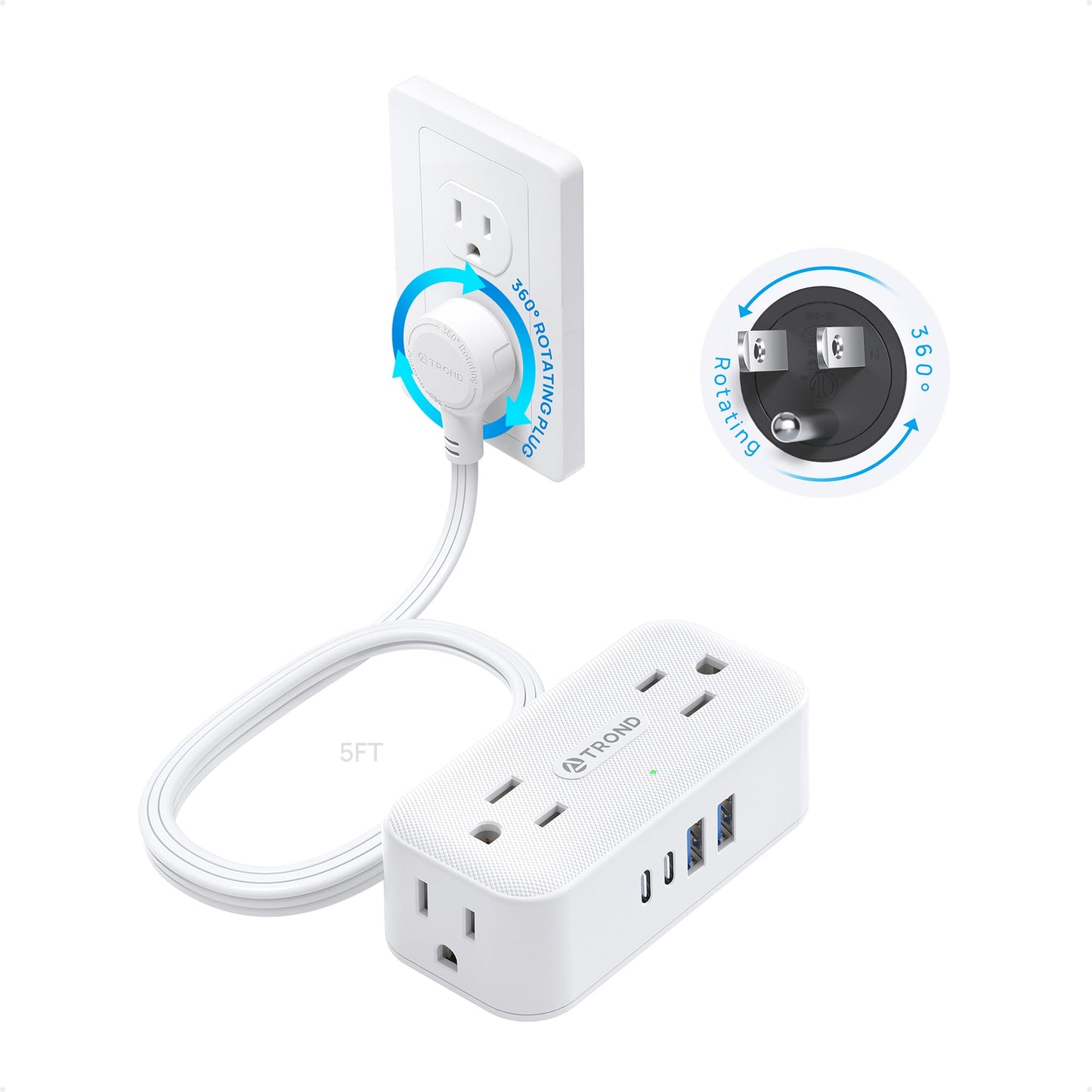 TROND 360° Rotating Flat Plug Power Strip, 5FT Extension Cord with 4 USB Ports, 4 Wide Spaced AC Outlets, Wall Mount, 900J Surge Protector for Office Travel Dorm Room Essentials, White
