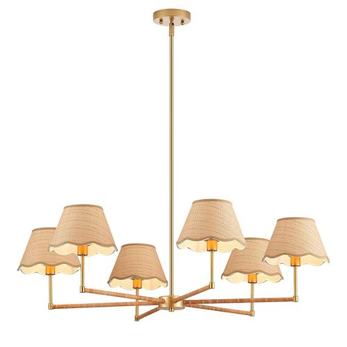 MIXL - 6-Light Rattan Chandelier,Adjustable Height Ceiling Pendant Light Over Table,Boho Style Gold Chandelier for Dining Room Living Room and Entryway