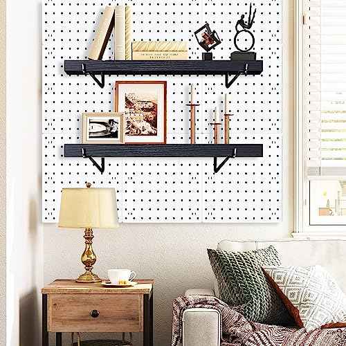 Black Pegboard Shelf, 4 Pack Wooden Pegboard Shelves with Metal Brackets Hooks, Heavy Duty Peg Board Organizer Shelves, Pegboard Accessories Organizer for Crafts Room, Garage, Workbench, Office