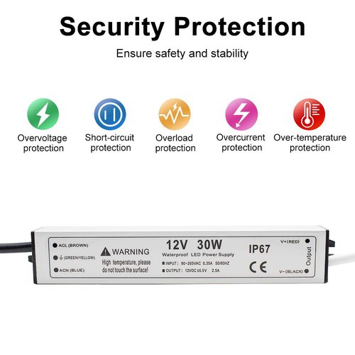 30W 12 Volt LED Power Supply, Waterproof IP67 LED Driver, 110V AC to 12V DC Converter, LED Transformer Low Voltage Output with 3-Prong Plug 3.3 Feet Cable for LED Light Strip, 2.5Amp