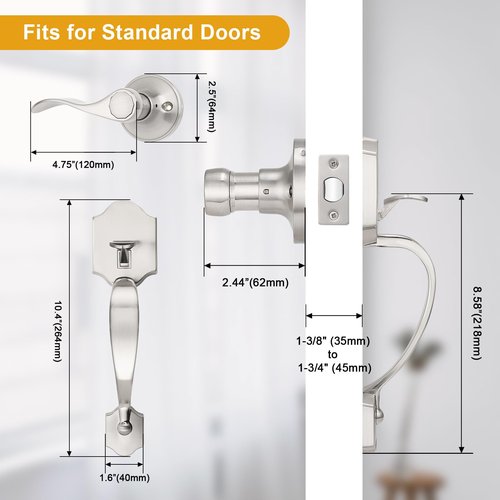 Probrico Satin Nickel Heavy Duty Front Entry Handleset, Passage Lock Grip Handle with Wave Lever Keyless Door Locks, Interior and Exterior Entrance Door Handle with Reversible Handed Lever,1Pack