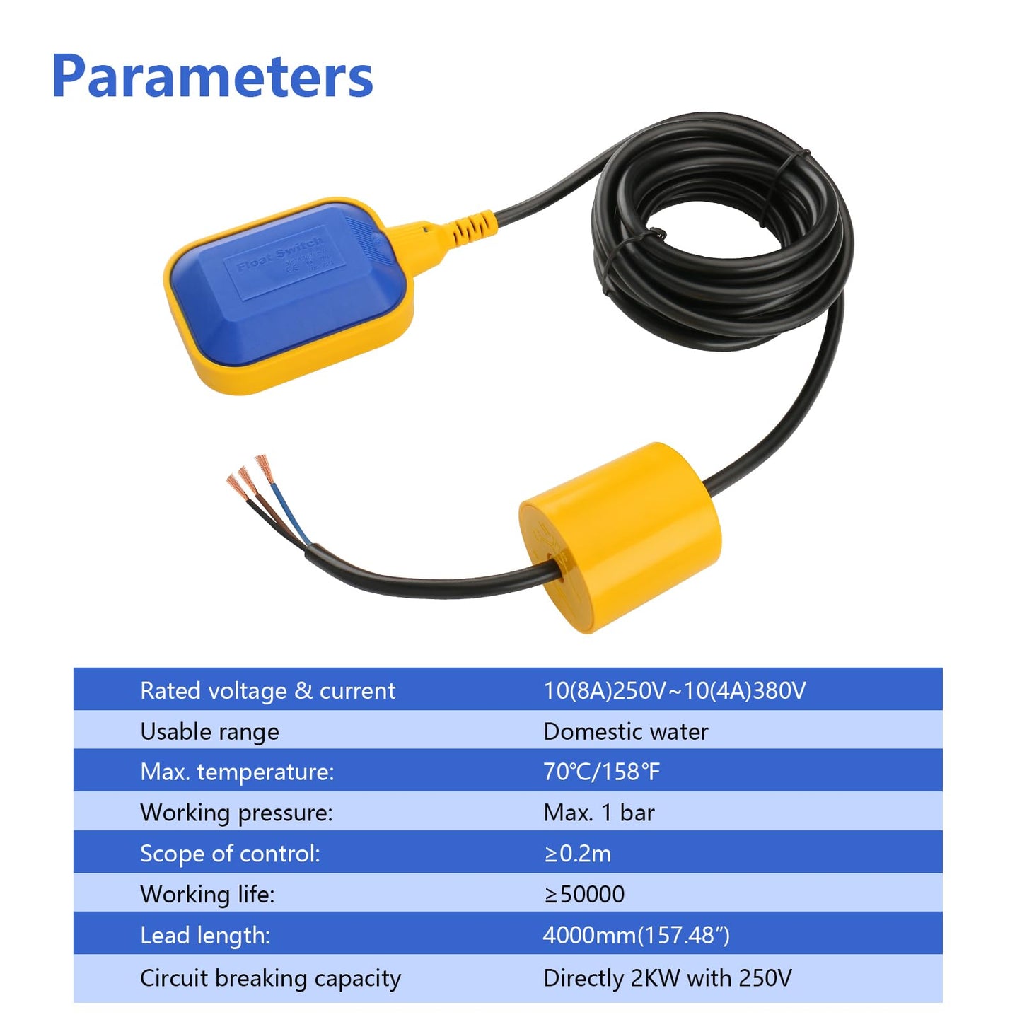 Baomain 4M 13ft Cable Float Switch, Water Level Controller, for Tank Pump, Water Tank or Sewage System On Auto Pilot, with Counterweight