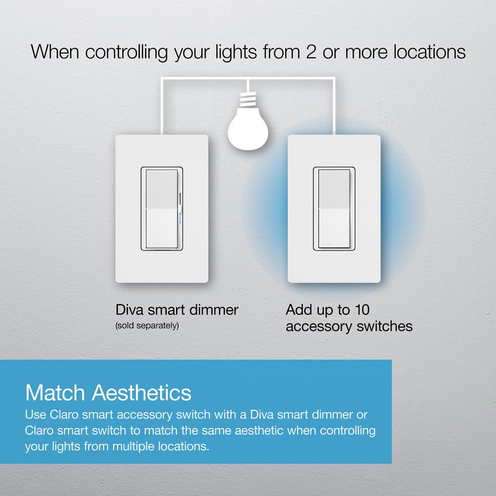 Lutron Caseta Smart Claro Accessory Switch for 3 way – For use only with Diva Smart Dimmer or Claro Smart Switch, DVRF-AS-WH, White