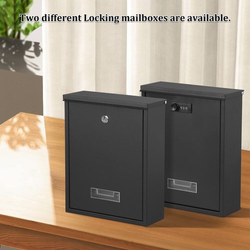 Dalmbox Locking Mailbox Wall Mount, Wall Mounted Mailbox with Combination Lock, Large Drop Box with Galvanized Steel Cover, Rust-Proof Metal Post Box, Black, 10.2” x 3.7” x 12.6”