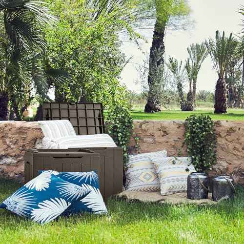 JUMMICO 31 Gallon Resin Deck Box Waterproof Indoor Outdoor Storage Boxes for Patio Furniture Cushions and Garden Tools (Brown)