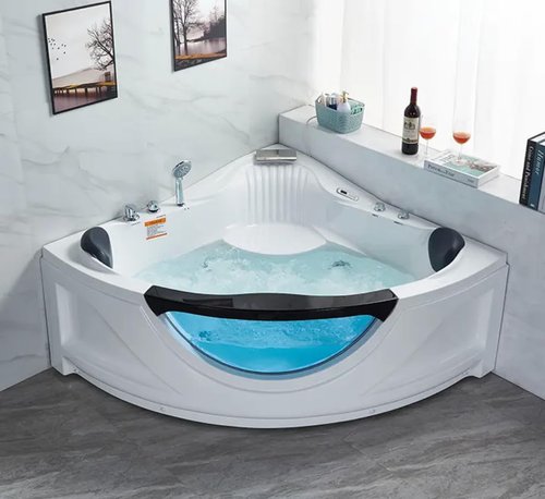 Luxury Corner Heated and Jetted Bathtub, 59 x 59 inches, LED Chromotherapy, Air Massage and Hydrotherapy, 2-Person Indoor Spa Tub, White