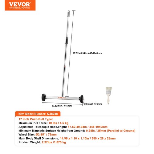 VEVOR Magnetic Pick Up Sweeper 17-inch Heavy Duty Magnet Pickup Lawn Sweeper Roofing Tools, 10 Lbs Yard Magnet with Telescoping Holder and Wheels to Pick Up Nails Magnetic Sweeper for Construction