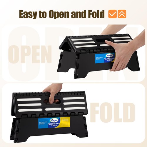 Korpai 5" Folding Step Stool for Adults and Kids 15-Inch Extra Wide Stool Holds Up to 300 lbs,Non-Slip Folding Stools with Handle,Compact Plastic Foldable Step Stool for Bathroom,Kitchen,ect, Black