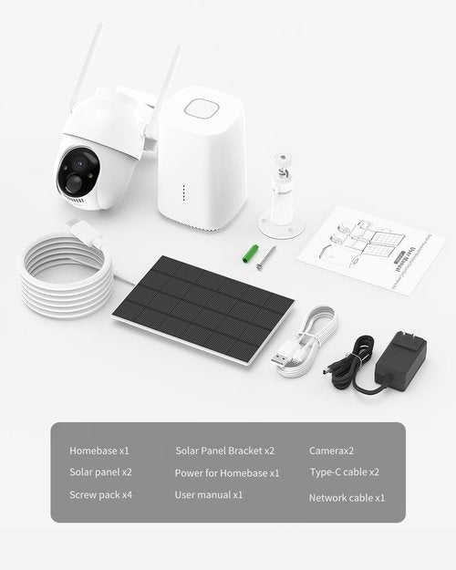 Aume Security Cameras Wireless Outdoor, 2 Cam Kit, No Subscription, Solar Powered Home Security Cameras System, 360° Panoramic View, 2K Color Night Vision, PIR Alerts, Support 5G & 2.4G WiFi Router