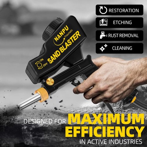 NANPU Air Sand Blaster Gun with Gravity Feed - Metal Nozzle, Plastic Body | for Paint, Rust Removal, and Glass Etching | Versatile for Aluminum, Sand, Walnut Shells, and Soda Blasting Applications