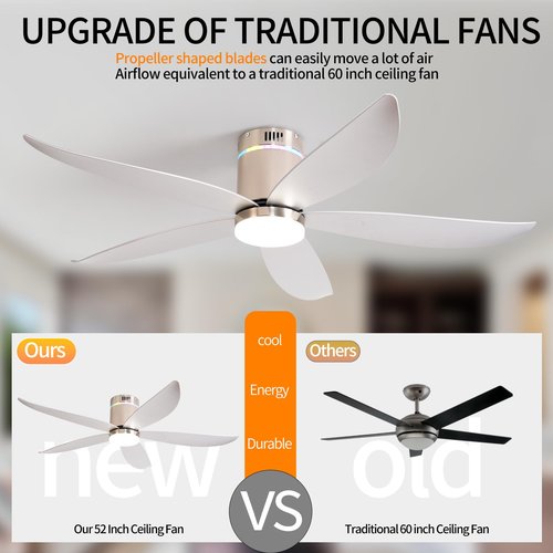 Carrefour Ceiling Fan with Lights,52 Inch Silver Flush Mount Ceiling Fans with Remote,RGB,6 Speeds DC Reversible, Dimmable, Noiseless,Bluetooth Speaker,Low Profile Ceiling Fans for Bedroom