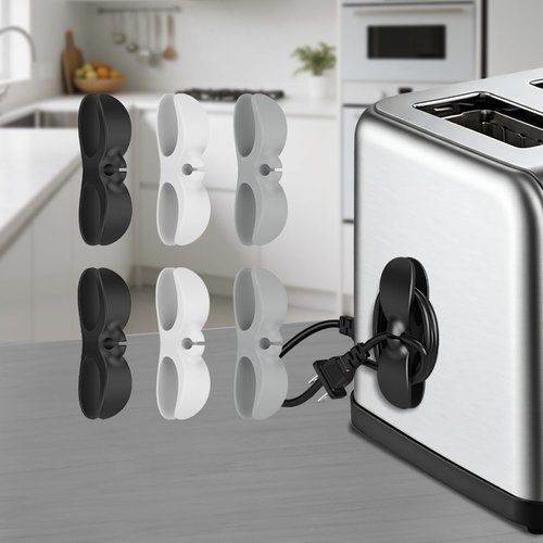 6 Pack Adhesive Cord Organizers for Kitchen Appliances - Stick-On Holder & Winder for Mixers, Blenders, Air Fryers, Toasters (2 Black/White/Gray)