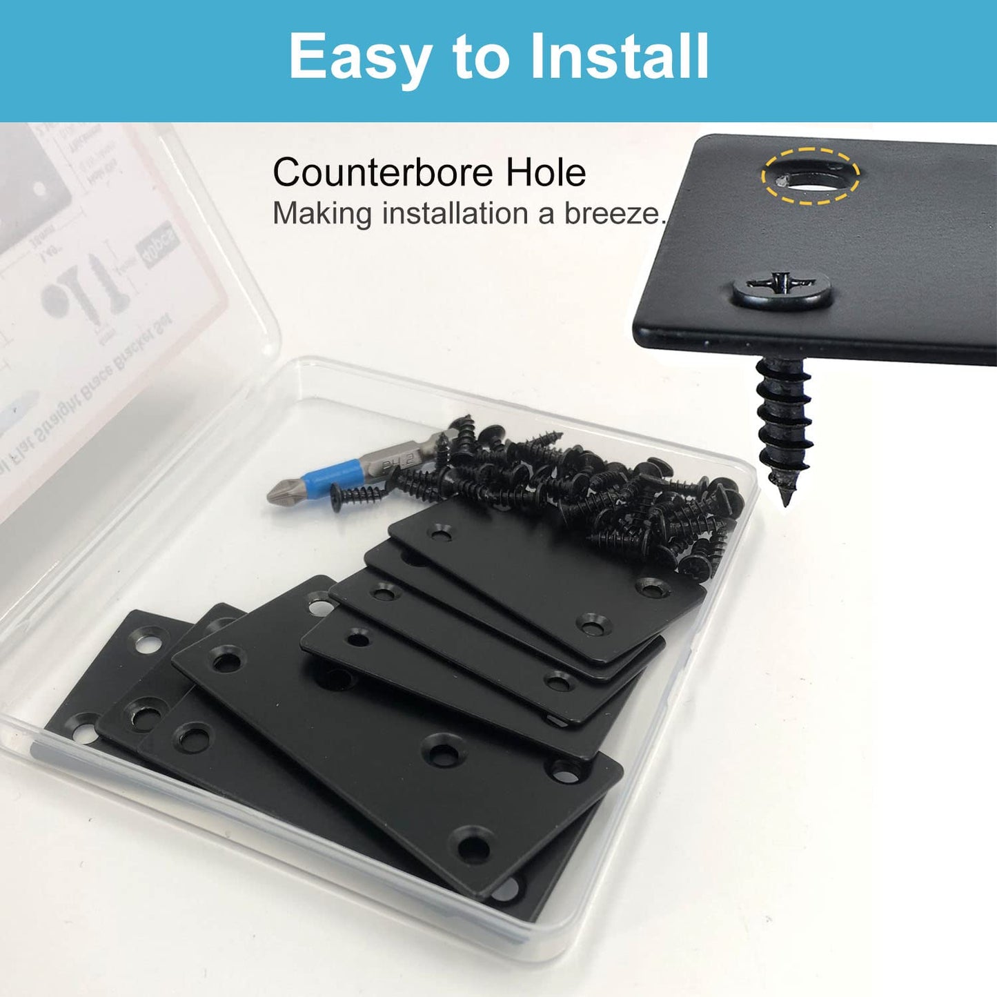 QSJ 8 Pack Black Flat Mending Plate 3.15x1.57‘’ & 2.36x1.49'', Stainless Steel Bracket, Straight Metal Brace Bracket, Fixing Joining Plate for Wood Furniture Fastening & Fixing