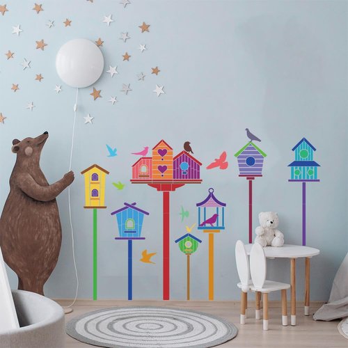 FINGERINSPIRE 9 Styles Birdhouse Pattern Stencils with Brush 11.8x11.8Inch Various Birdhouse Painting Template Bird Silhouette Drawing Stencil PET Plant Theme Template for Wood Wall Floor Tiles