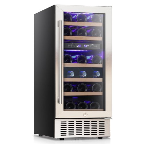 COWSAR 28 Bottle Wine Fridge, Dual Zone Beverage Refrigerator ETL Approved, Independent Temp, LED, Under Counter Drink Wine Cooler Chiller with Stainless Steel Frame, Double-Layer Tempered Glass Door