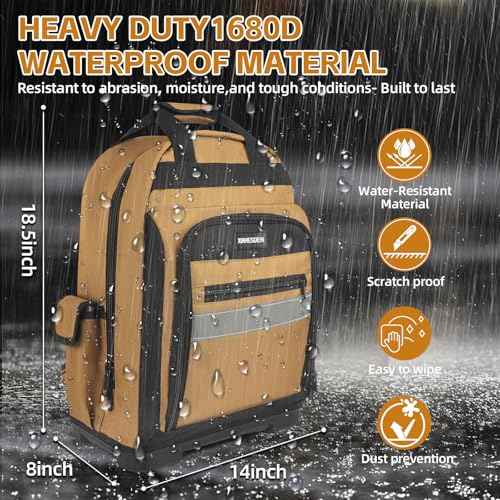 Tool Bag Backpack, Heavy Duty Tool Backpack Bag with Waterproof Molded Base, Electrician Work Pack for Hand Tools, Multi Pockets Tool Storage Organizer for Contractor, Plumbers, HVAC Techs