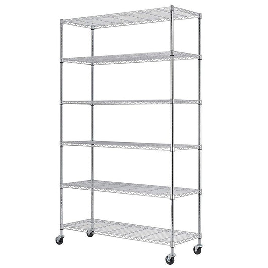 BestOffice | 6-Tier Wire Storage Shelves with Wheels | 18x45x82 | Chrome | Adjustable Racks | Heavy-Duty Metal Shelf, Holds Upto 2100 lbs | No-Tool Assembly | Ideal for Home & Garage Shelving