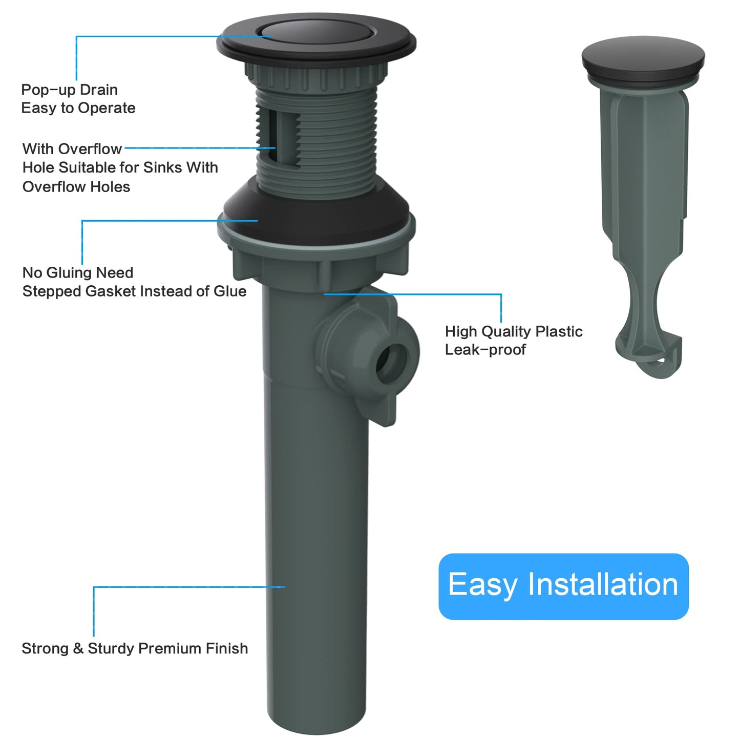 Hibbent 2 Pack Universal Bathroom Sink Drain with Overflow, Push and Seal Pop Up Drain Stopper with Lift Rod, Compatible with Moen, American Standard Bathroom Lavatory Vanity Vessel, Matte Black