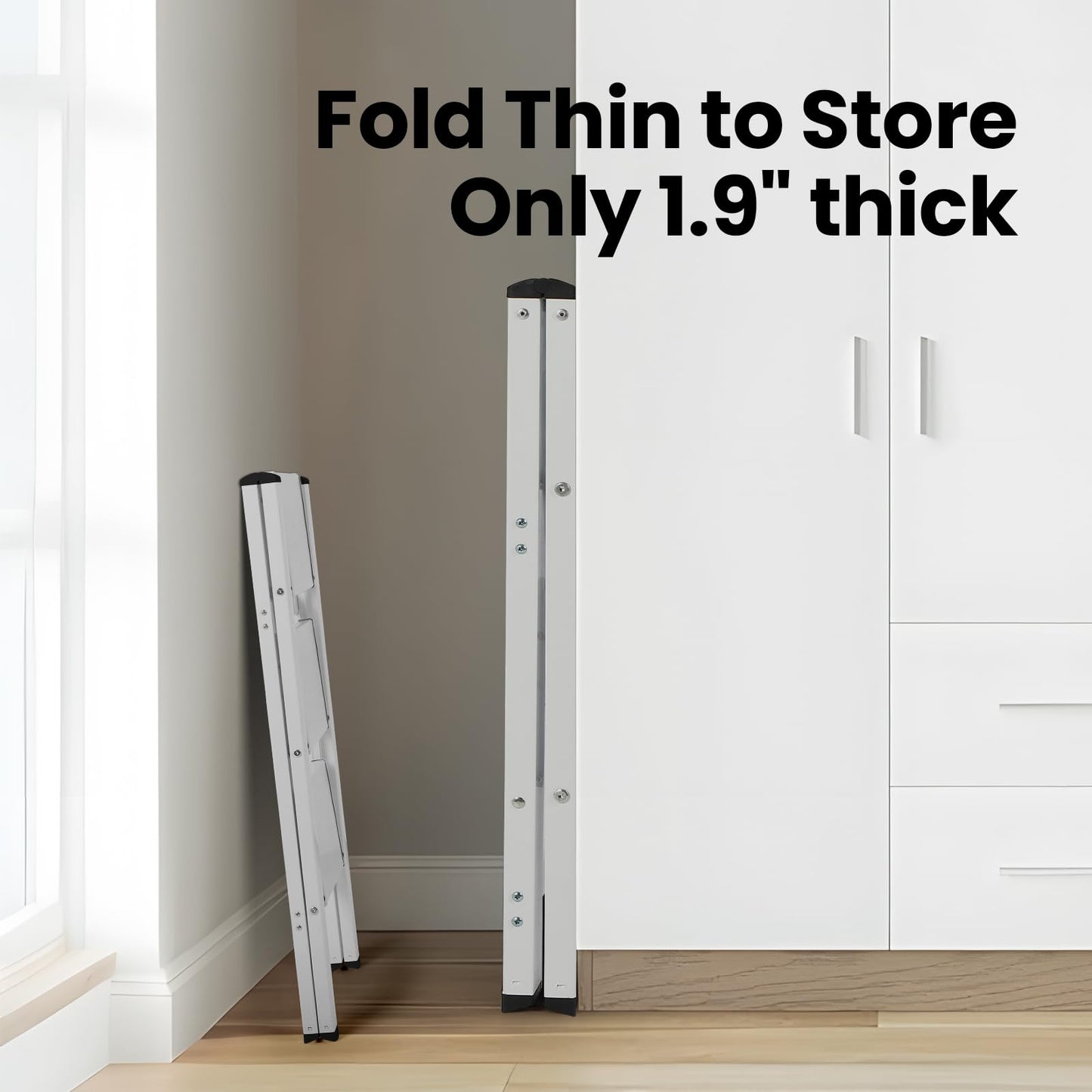 FAHKNS 3 Step Ladder, Aluminum Folding Step Stool with Anti-Slip Sturdy and Wide Pedal, Portable Space Saving Closet Step Stool for Home and Kitchen, Step Stools for Adults, White, 330Lbs