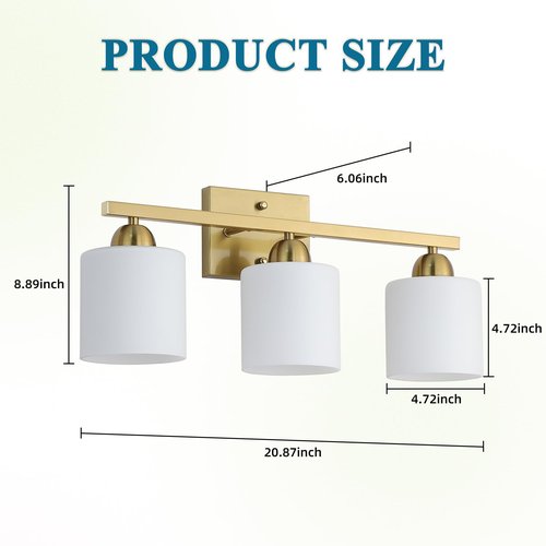 Mecgirn Stainless Steel Milk Glass Bathroom Vanity Light Over Mirror, 3 Light Brushed Gold Bathroom Light Fixtures with Frosted Glass, Modern Vanity Lighting Wall Mount